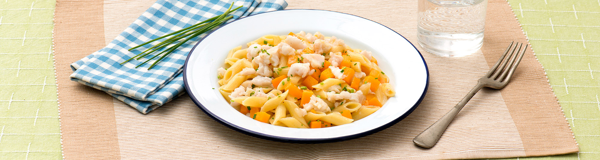 Pasta con Merluzzo, Zucca ed Erba Cipollina