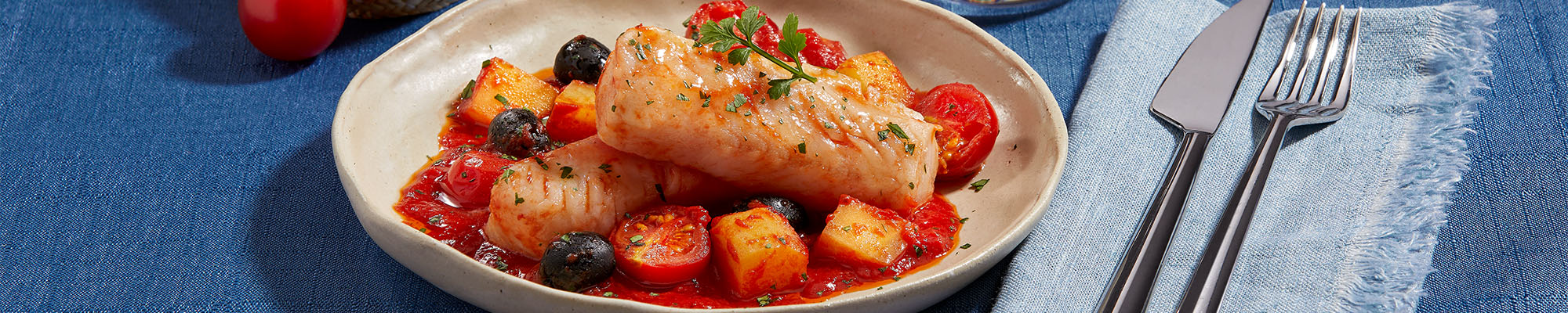 Merluzzo in umido con patate e pomodorini
